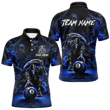 Maxcorners Grim Reaper Billiard Shirt For Men Blue Smoke 8 Ball Pool Jersey Custom Name Skull Billiard Shirt LM0409