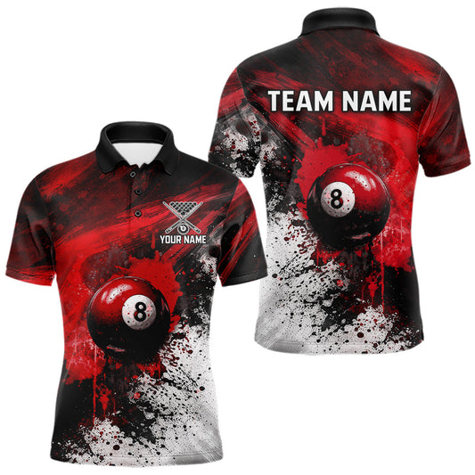 Maxcorners Red Grey Splatter Paint Pool 8 Ball 3D Billiard Shirt For Men Personalized Billiard Attire Gifts