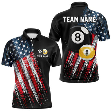 Maxcorners American Flag Grunge Mens Billiard Polo 1/4-Zip Shirt Custom 8 Ball & 9 Ball Billiard Team Attire LM0409