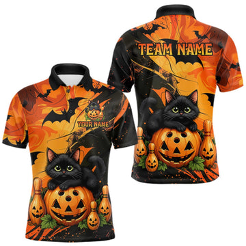 Maxcorners Personalized Halloween Bowling Shirt For Men Custom Name Spooky Cat & Pumpkin Bowling Team Shirt LM0409