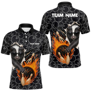 Maxcorners Custom Funny Skunk Bowling Shirts For Men, Black Camo Flame Cool Bowling Uniform For Team Bowlers LM0409