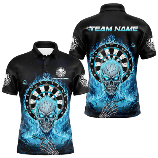 Maxcorners Black Blue Flaming Skeleton Darts Custom Men's Dart Polo Shirts Team Dart League Jerseys