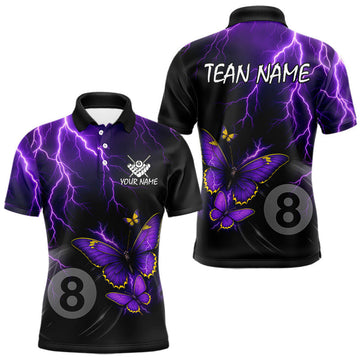 Maxcorners Neon Butterflies 8 Ball Pool Polo 1/4-Zip Shirts For Men Custom Thunder Purple Billiard Team Jerseys