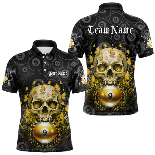 Maxcorners Butterfly Skull Billiard Polo & Quarter-Zip Shirts For Men Custom 9 Ball Billiard Jerseys LM0101