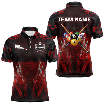 Maxcorners Personalized Grunge 8 Ball Pool Billiard Polo & 1/4 Zip For Men Custom Red Camouflage Billiard Attire LM0404
