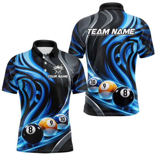 Maxcorners Black And Blue Tribal Light 8 Ball Pool Men Polo & 1/4-Zip Shirt Custom Billiards Ball Jerseys LM0901
