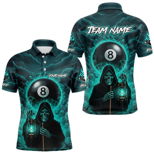 Maxcorners Teal Thunder Grim Reaper 8 Ball Pool Men Polo & 1/4-Zip Shirt Custom Billiard Ball & Cue Gifts LM0901