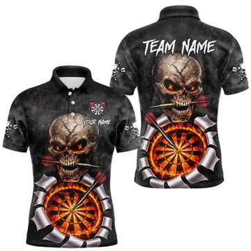 Maxcorners Custom Smoke Grunge Skull Torn Fire Flame Darts Polo & Quarter-Zip Shirts For Men Dart Team Jerseys