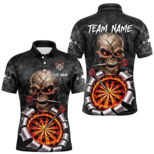 Maxcorners Custom Smoke Grunge Skull Torn Fire Flame Darts Polo & Quarter-Zip Shirts For Men Dart Team Jerseys
