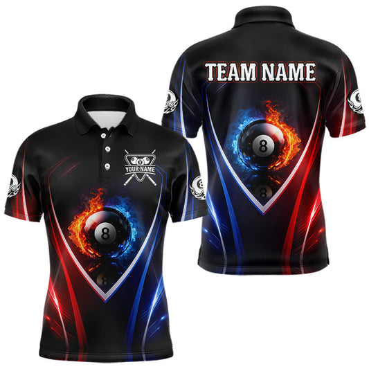 Maxcorners Blue And Red Flames 8 Ball Pool Men Polo & 1/4-Zip Team Shirts Custom Billiards Ball Apparel LM1104