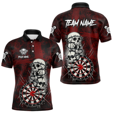 Maxcorners Custom Red Grunge Barbed Wire Grey Skull Dartboard Men Darts Polo Shirt Dart Jerseys