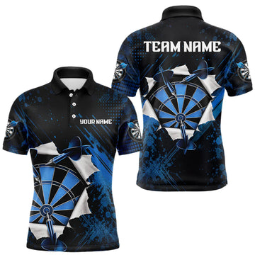Maxcorners Custom Grunge Blue Torn Darts Polo & Quarter-Zip For Men Blue Spatter Outfit Dart Team Jerseys LM1903