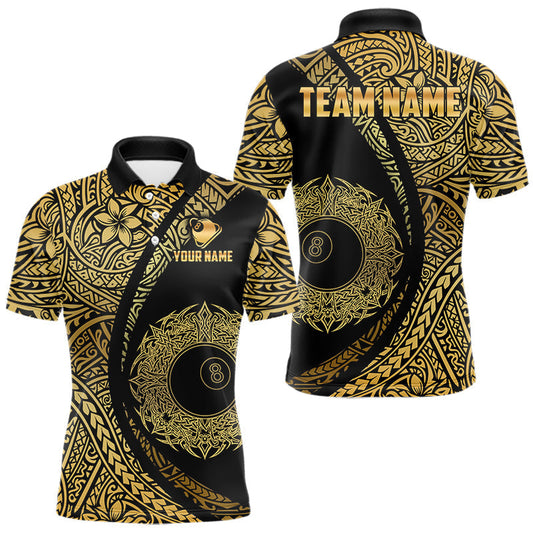 Maxcorners Black & Gold 8 Ball Crown Billiard Polo & 1/4 Zip Shirt For Men Custom Tribal Pool Team Jerseys