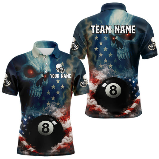 Maxcorners American Flag Skull Smoke 8 Ball Billiard 3D Shirt For Men Personalized Pool Billiard Team Attire LM2602