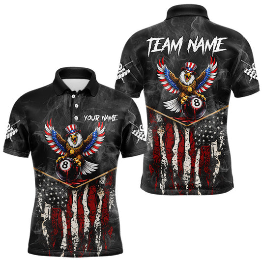 Maxcorners Smoke Grunge US Flag Eagle 8 Ball Cue Billiard Pool Shirt For Men Custom Patriotic Billiard Appeal
