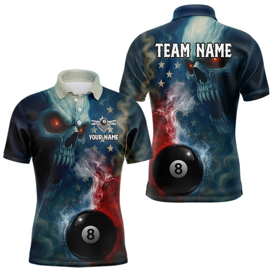 Maxcorners US Flag Smoke 8 Ball Men Billiard Polo & 1/4-Zip Shirt Custom Skull Pool Billiard Team Apparel