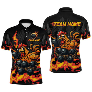 Maxcorners Personalized Chicken Bowling Shirt Orange Flame Bowling for Men Team League Polo & Quarter-Zip LM1203