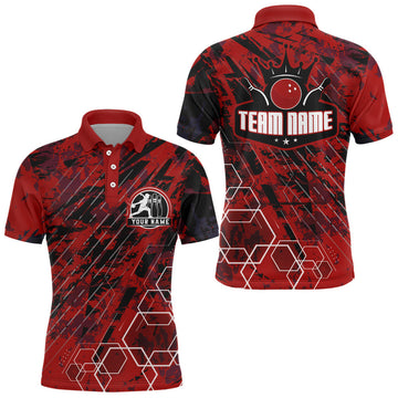 Maxcorners Custom Black&Red King Crown Bowling Shirt For Men Personalized Bowling Team Jersey Bowling Polo Shirt