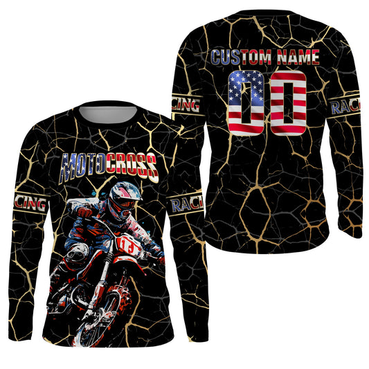 Maxcorners Custom Motocross Jersey Youth Men Women UPF30+ American Flag MX Dirt Bike Shirts Motorcycle LM2809