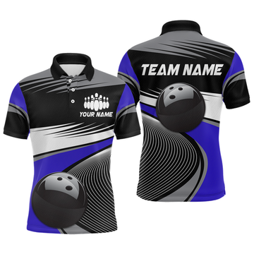 Maxcorners Black&Blue Bowling Shirt for Men Women Team Custom Bowling Polo & 1/4 Zip Shirt