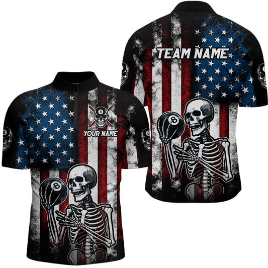 Maxcorners Custom US Skull 8 Ball Billiard Shirts for Men Billiard Team Shirts Billiard League Polo & 1/4 Zipper LM0412