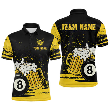 Maxcorners Custom Black and Yellow 8 Ball Beer Billiard Shirts for Men, Billiard Team Polo & 1/4 Zip Shirts MT1607