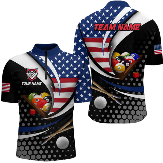 Maxcorners Custom US Flag 8 Ball Billiard Shirts for Men Billiard Team Shirts Billiard League Polo & 1/4 Zipper LM0412