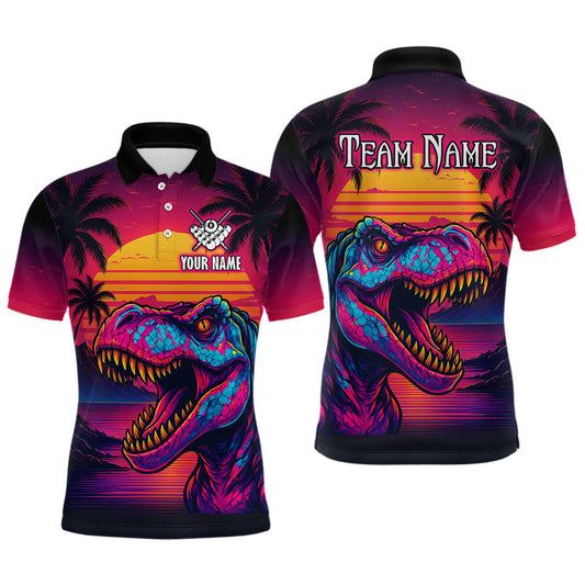 Maxcorners Custom Neon Dinosaur 8 Ball Billiard Shirt for Men Polo & Quarter-Zip Billiard Team Jerseys MT2709