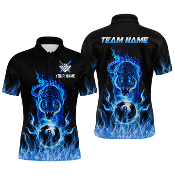 Maxcorners Custom Blue Tiger Flaming 8 Ball Pool Men Billiard Polo & 1/4 Zip Shirts Billiard Team Shirt LM1903