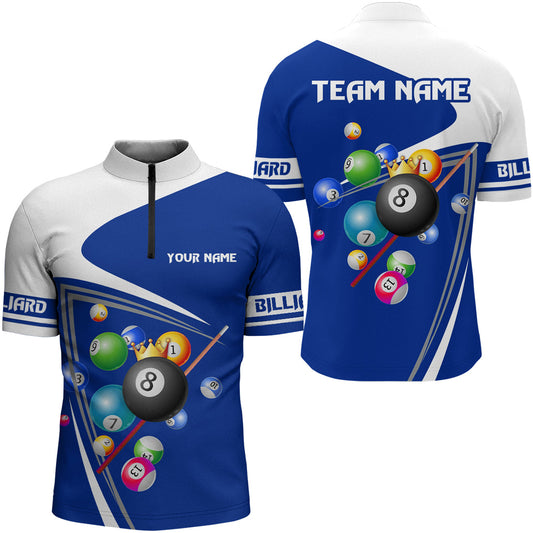 Maxcorners Custom Blue 8 Ball Crown Billiard Shirt Billiard Jersey for Men Billiard Gifts Polo & 1/4 Zip LM0412