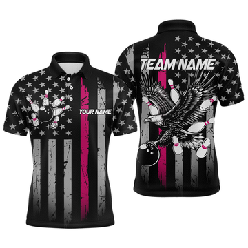 Maxcorners Custom Pink US Flag Eagle Bowling Jersey for Men Bowling Team Shirts Polo & 1/4 Zip LM1903