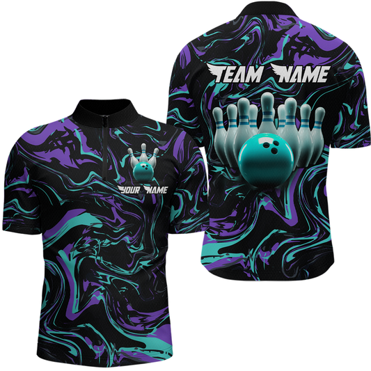 Maxcorners Turquoise Bowling Custom Men Bowling Shirt Polo & Quarter-Zip Bowling Team Jerseys LM263