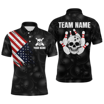 Maxcorners Skull Us Flag Bowling Shirt For Men Personalized Patriotic Bowling Team Jersey Shirts Polo & Quarter-Zip