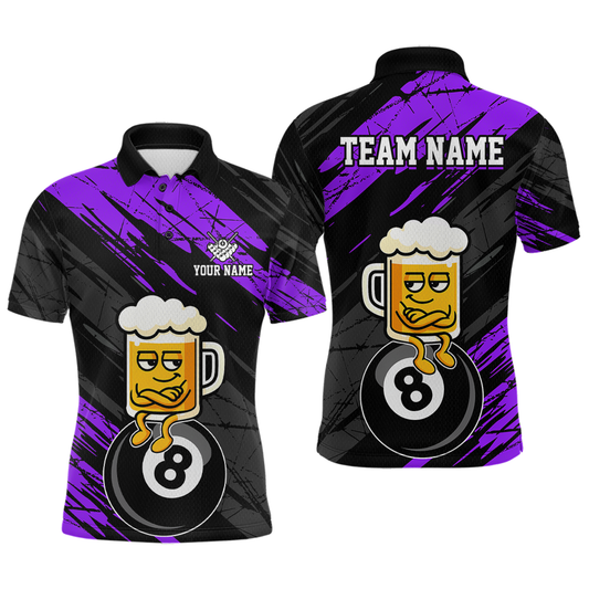 Maxcorners Custom Purple Funny Beer 8 Ball Billiard Shirts for Men Billiard Team Shirts Polo & 1/4 Zip LM1903