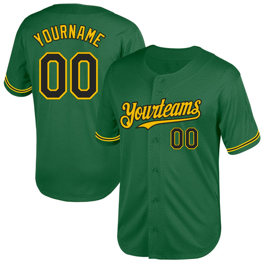Maxcorners Custom Kelly Green Black-Yellow Mesh Authentic Throwback Baseball Jersey LM2605