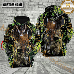 Maxcorners Green Camo Deer Hunting Custom Name Hunter Apparel With Grim Reaper Design 3D Hoodie All Over Printed Clothes