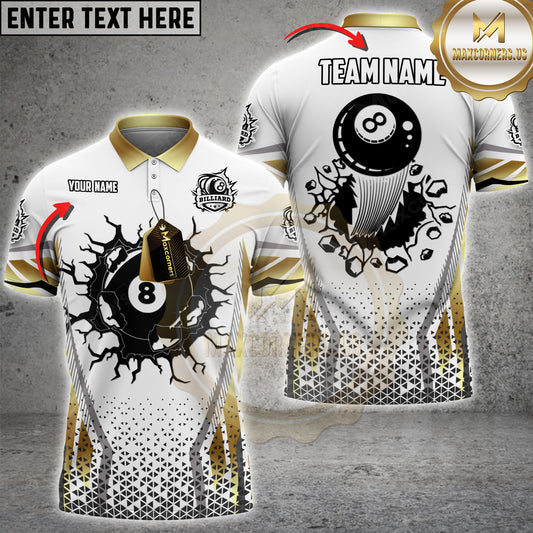 Maxcorners Billiards White & Gold 8-Ball Multicolor Customized Name, Team Name 3D Shirt