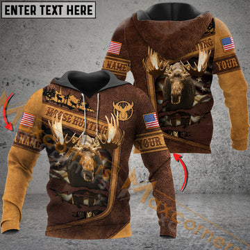 Maxcorners Wilderness Moose Hunting USA Flag Mutilcolor Custom Name Shirt 3D All Over Printed Clothes