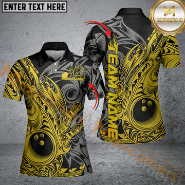 Maxcorners Custom Black And Yellow Flame Tribal Polynesian Bowling Shirt For Women