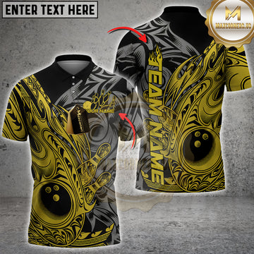 Maxcorners Custom Black And Yellow Flame Tribal Polynesian Bowling Men Polo Shirts, Bowling Team Uniform
