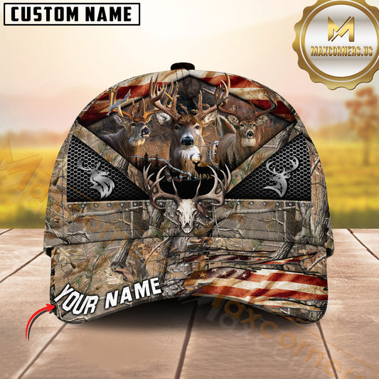 Maxcorners Wilderness Whitetail Buck Camo Terrain Antler Skull US Flag Personalized Hat 3D Printed Multicolor