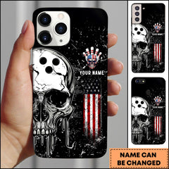 Maxcorners Bowling Skull American Flag Grunge Style Personalized Name 3D Phone Case