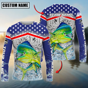 Maxcorners Mahi-Mahi Fishing American Anchor Compass Lighthouse Graphic Custom Name & Team Name 3D Shirts