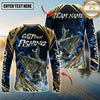 Maxcorners Fishing Blue Wave Gold Pattern Design Sun Protection Personalized Name, Team Name Long Sleeve Shirt