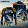 Maxcorners Fishing Blue Wave Gold Pattern Design Sun Protection Personalized Name, Team Name Long Sleeve Shirt