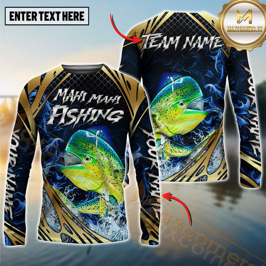 Maxcorners Fishing Blue Wave Gold Pattern Design Sun Protection Personalized Name, Team Name Long Sleeve Shirt
