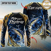 Maxcorners Fishing Blue Wave Gold Pattern Design Sun Protection Personalized Name, Team Name Long Sleeve Shirt