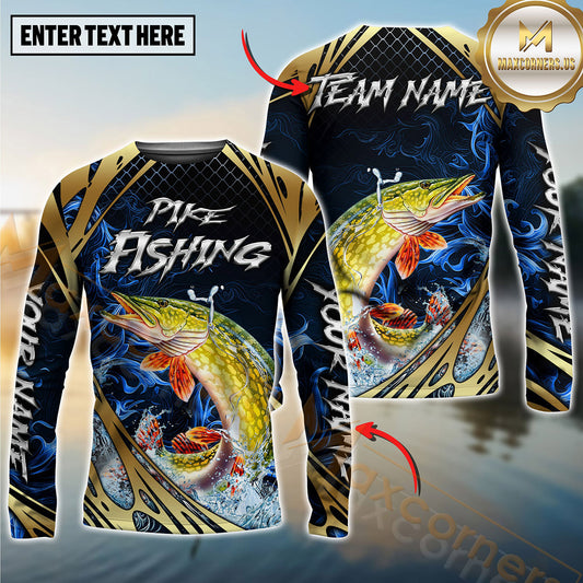 Maxcorners Fishing Blue Wave Gold Pattern Design Sun Protection Personalized Name, Team Name Long Sleeve Shirt