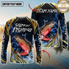 Maxcorners Fishing Blue Wave Gold Pattern Design Sun Protection Personalized Name, Team Name Long Sleeve Shirt