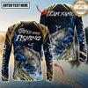 Maxcorners Fishing Blue Wave Gold Pattern Design Sun Protection Personalized Name, Team Name Long Sleeve Shirt